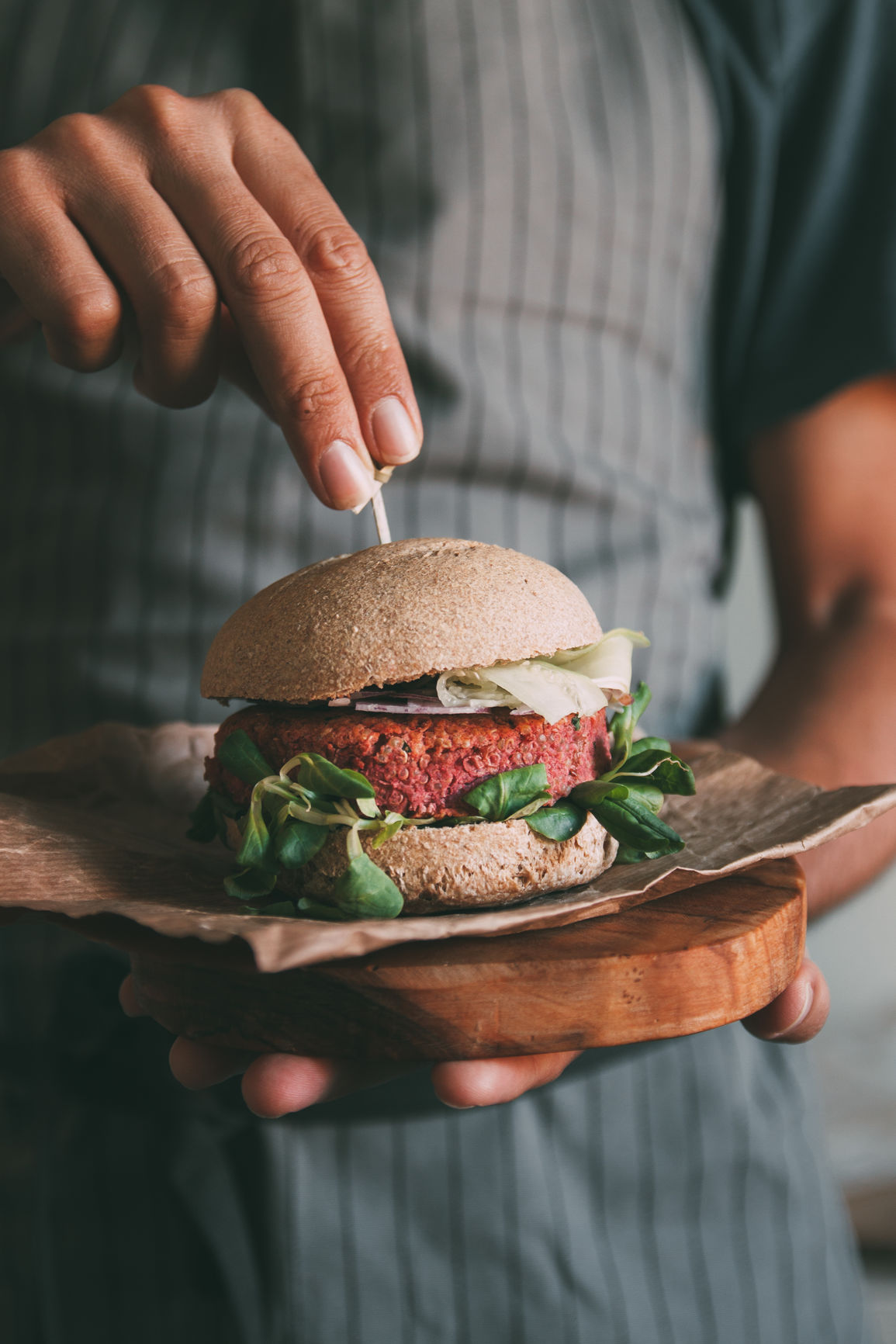 Vegan burger made with red beans, quinoa and beetroot